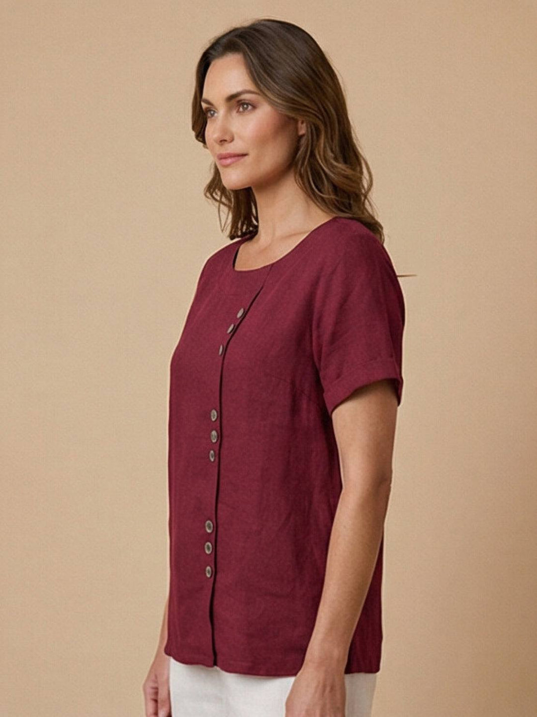 Eleanor | Women’s Linen Round Neck Button Blouse