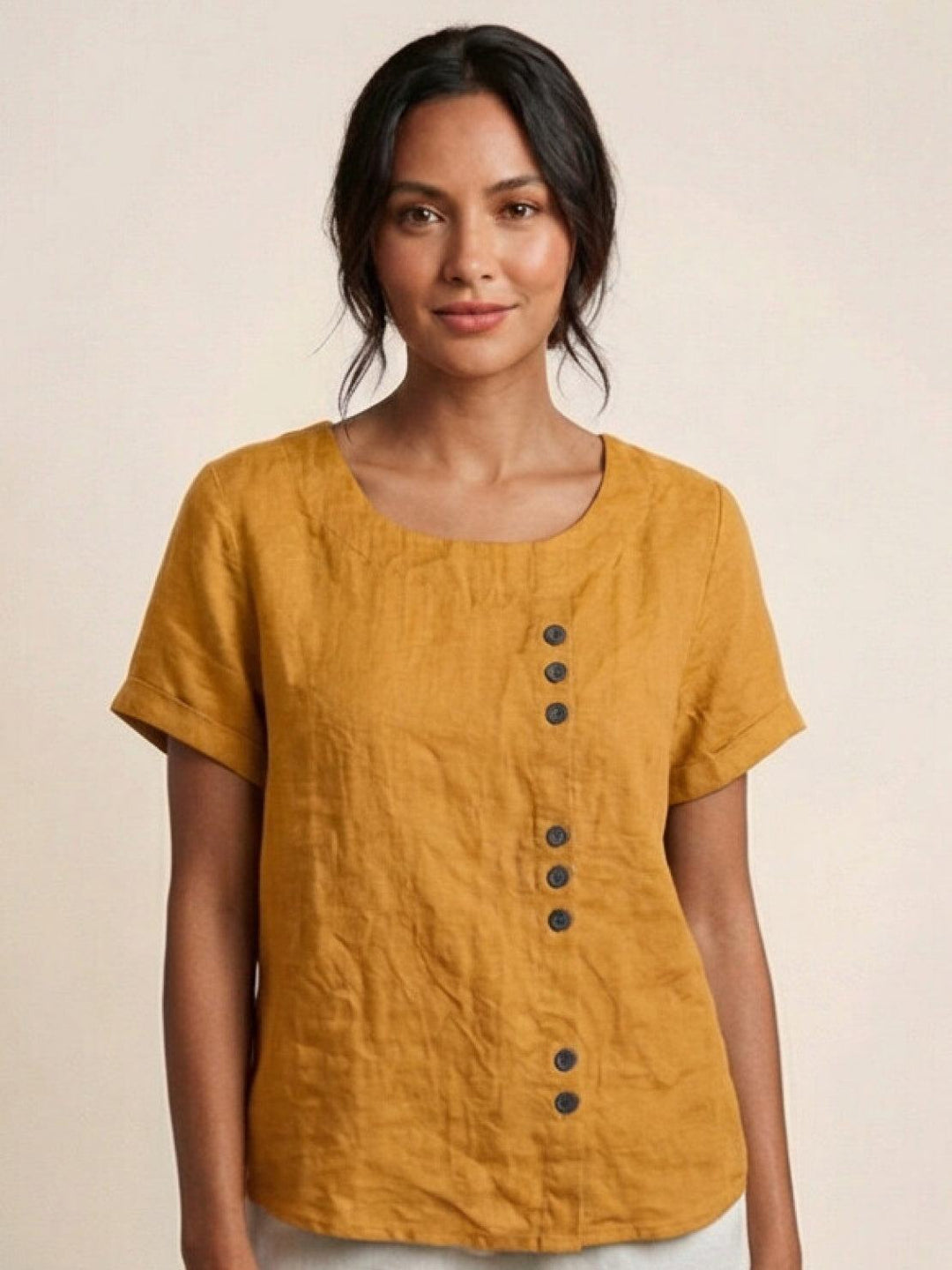 Eleanor | Women’s Linen Round Neck Button Blouse