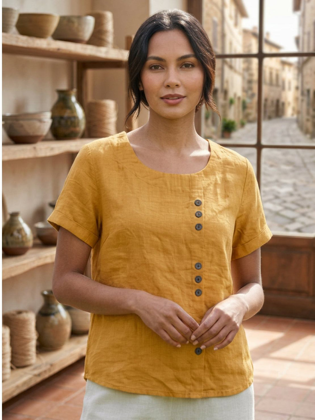 Eleanor | Women’s Linen Round Neck Button Blouse