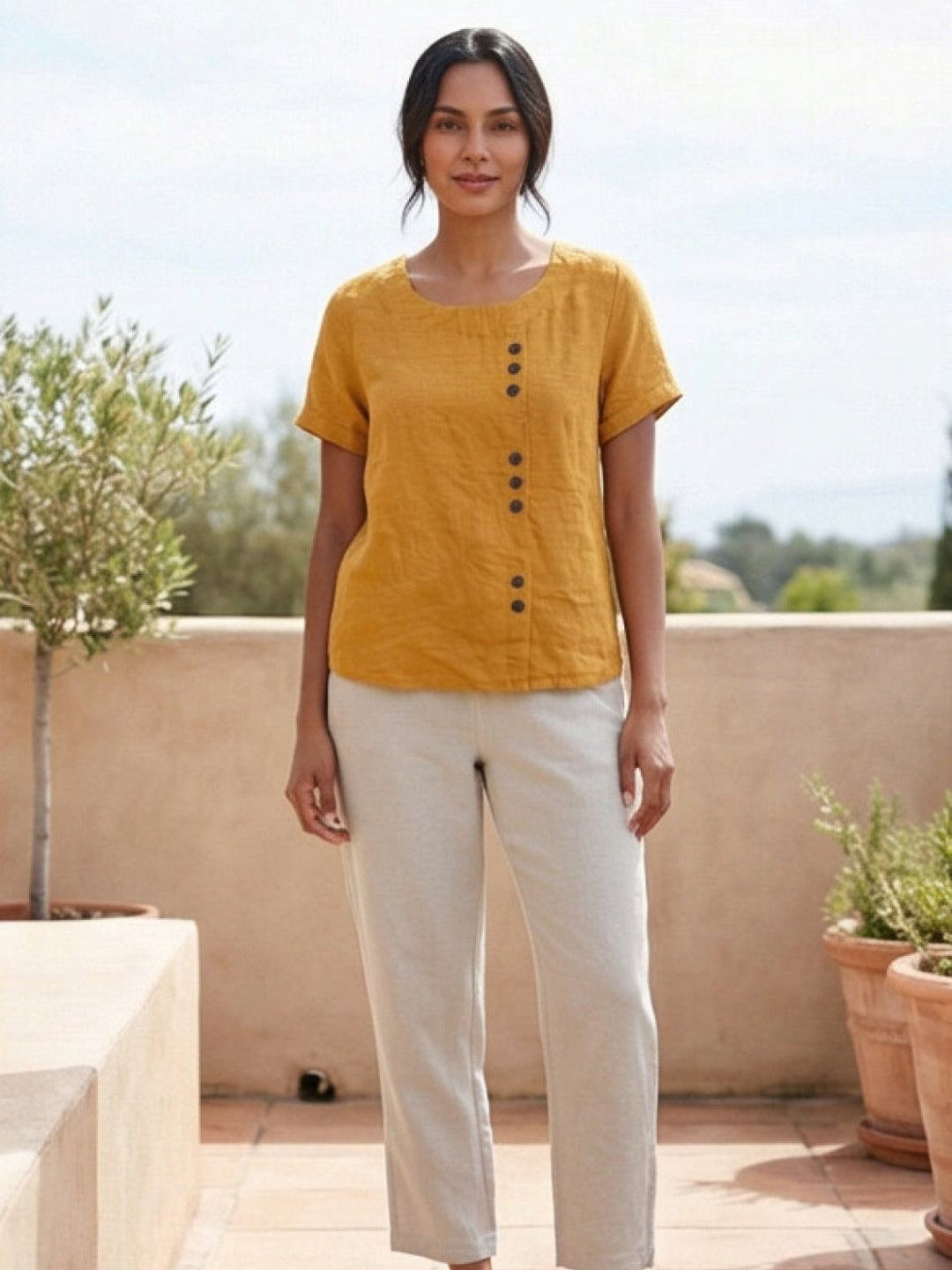 Eleanor | Women’s Linen Round Neck Button Blouse