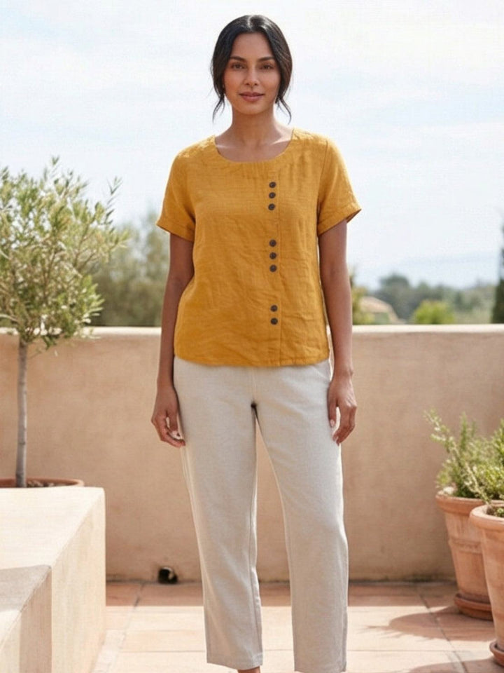 Eleanor | Women’s Linen Round Neck Button Blouse