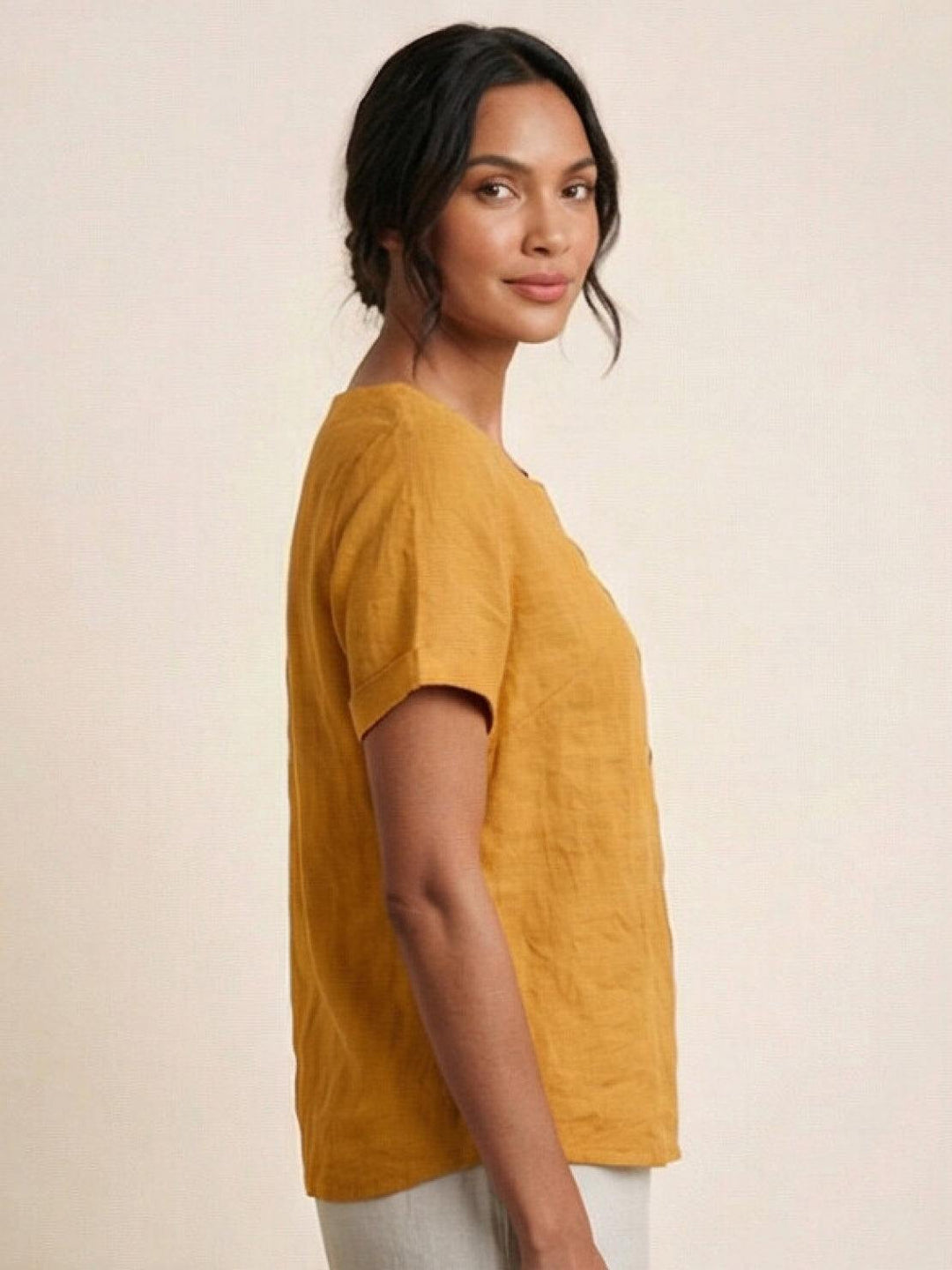 Eleanor | Women’s Linen Round Neck Button Blouse