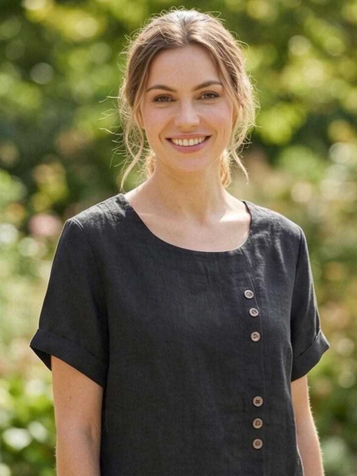 Eleanor | Women’s Linen Round Neck Button Blouse