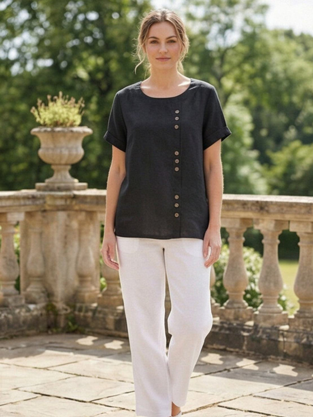 Eleanor | Women’s Linen Round Neck Button Blouse