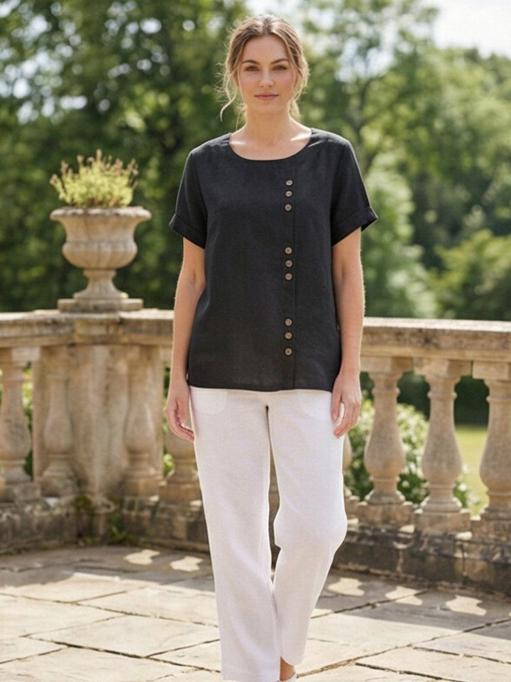 Eleanor | Women’s Linen Round Neck Button Blouse