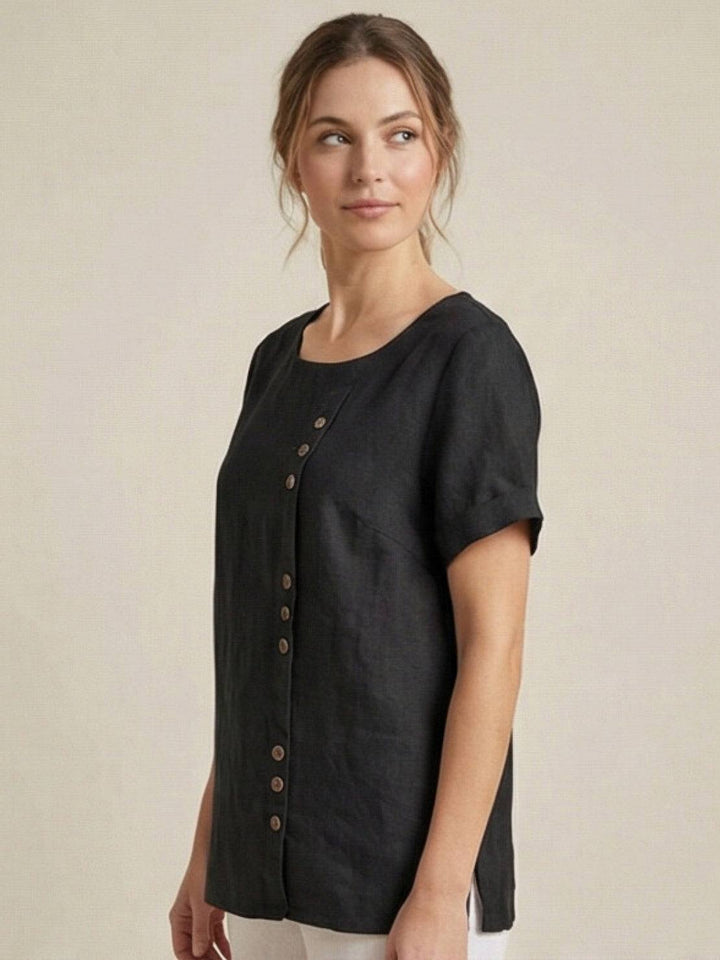 Eleanor | Women’s Linen Round Neck Button Blouse