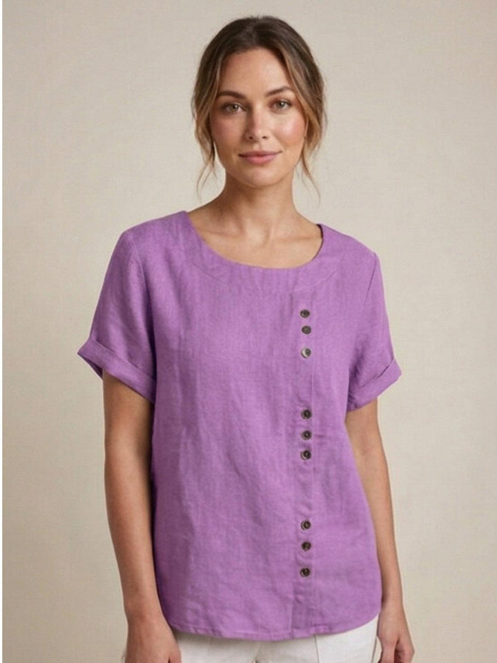 Eleanor | Women’s Linen Round Neck Button Blouse