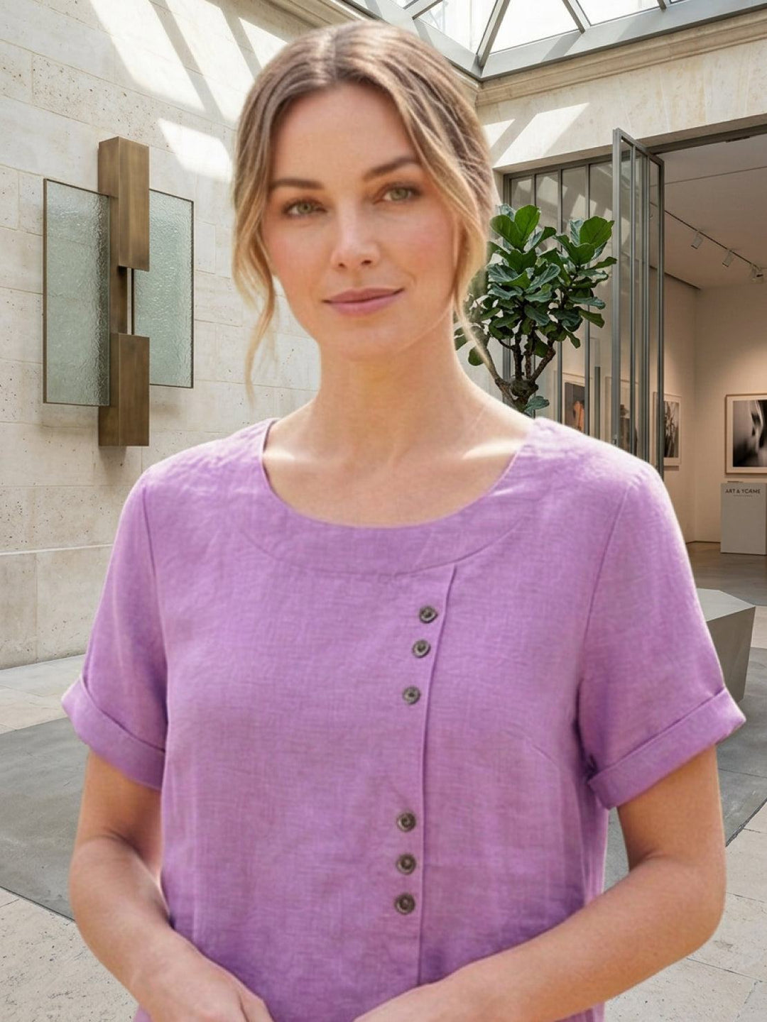 Eleanor | Women’s Linen Round Neck Button Blouse