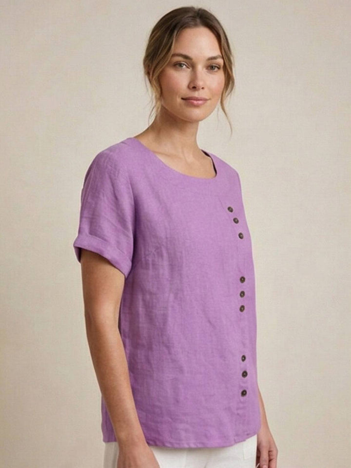 Eleanor | Women’s Linen Round Neck Button Blouse