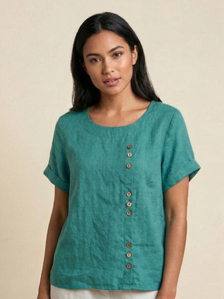 Eleanor | Women’s Linen Round Neck Button Blouse