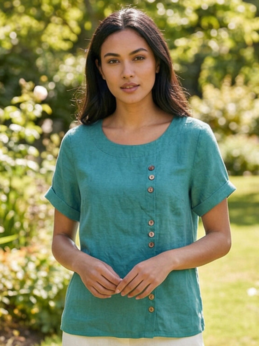 Eleanor | Women’s Linen Round Neck Button Blouse