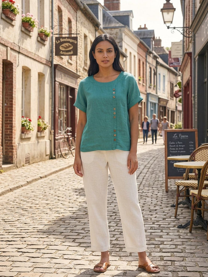 Eleanor | Women’s Linen Round Neck Button Blouse