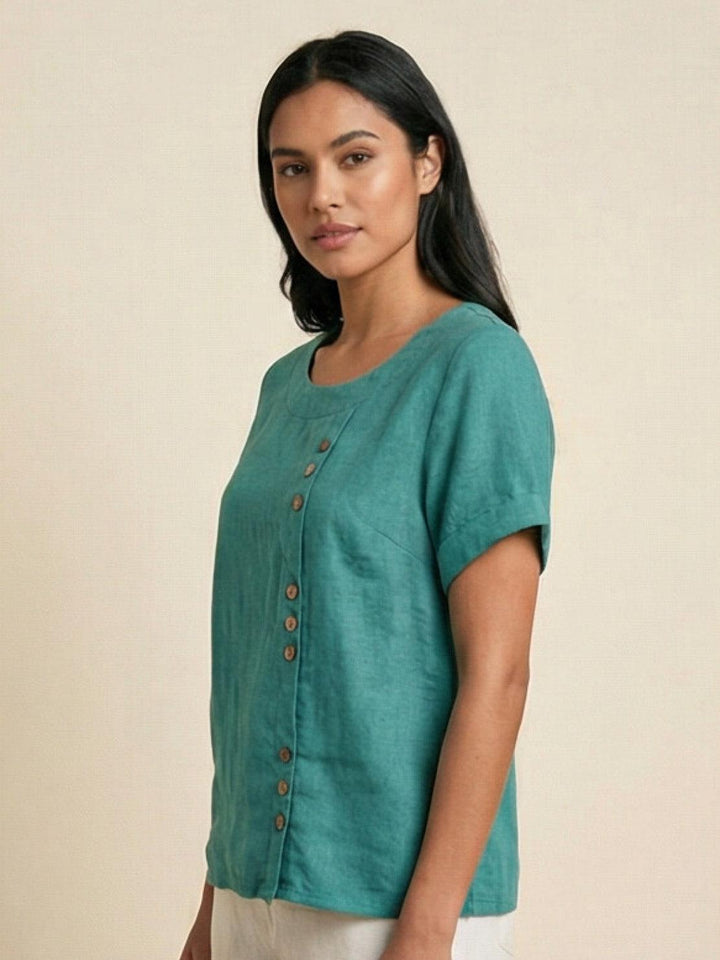 Eleanor | Women’s Linen Round Neck Button Blouse