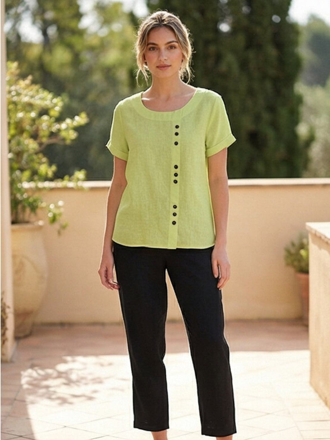 Eleanor | Women’s Linen Round Neck Button Blouse