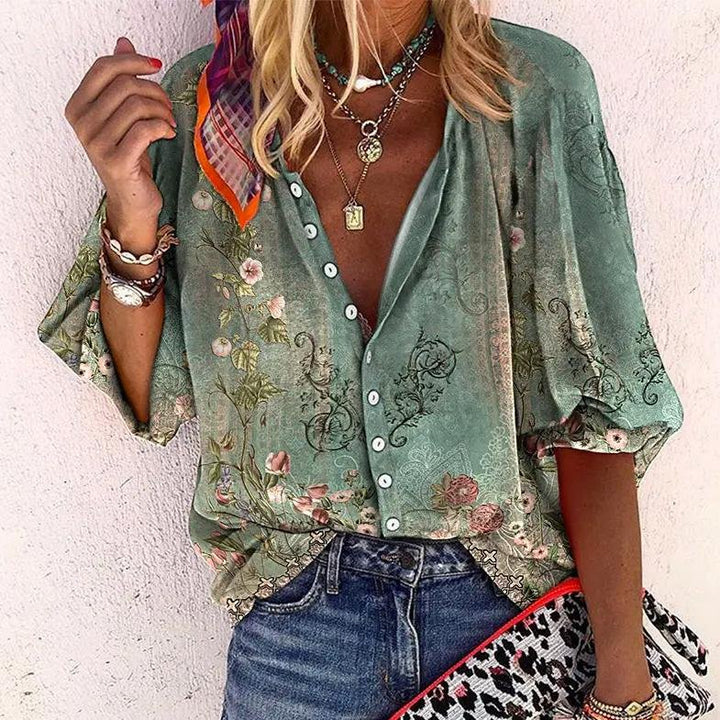 Scarlett | Women's Bohemian Floral Blouse V-Neck Long Sleeve Button Down