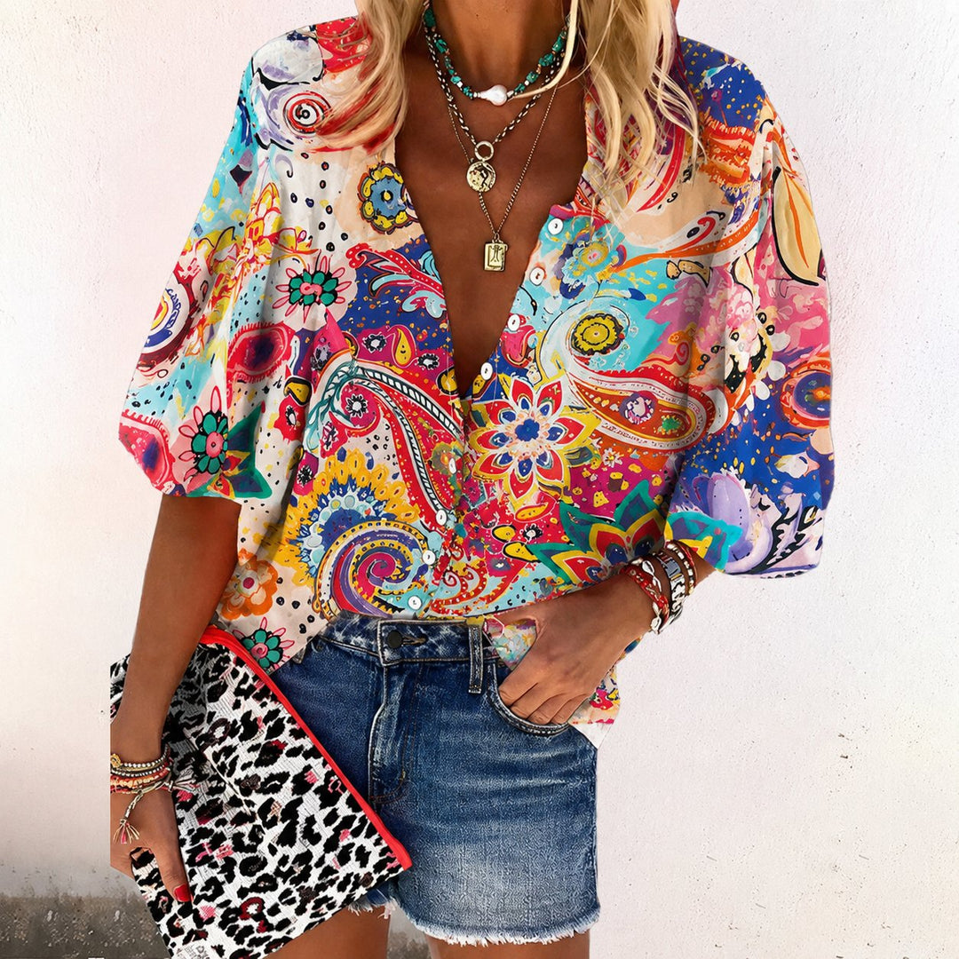 Scarlett | Women's Bohemian Floral Blouse V-Neck Long Sleeve Button Down
