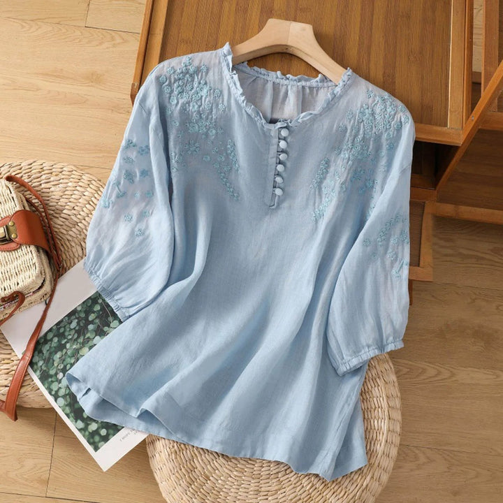 Ivy | Women's Bohemian Floral Embroidered Ruffle-Neck Puff-Sleeve Blouse