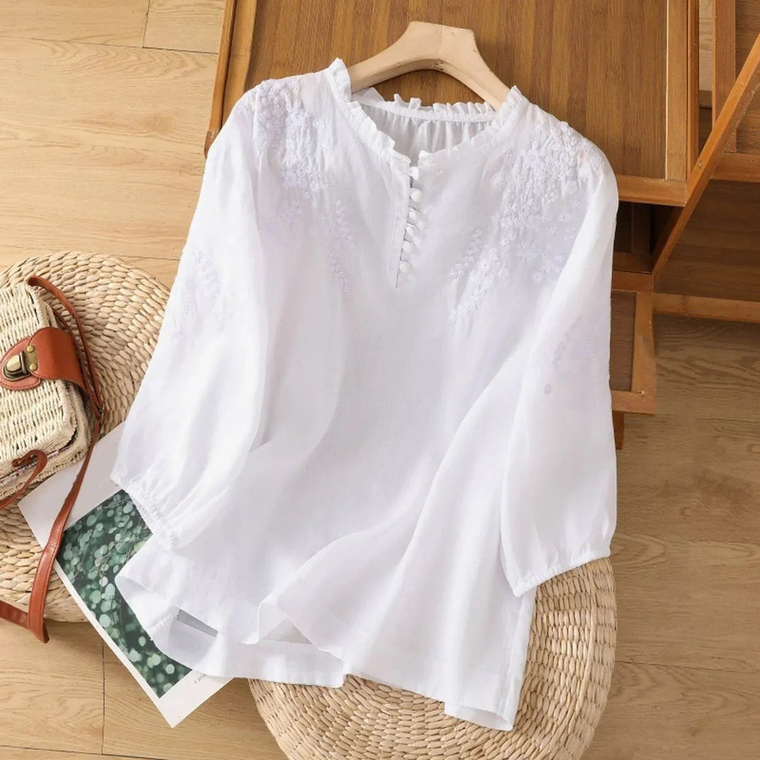 Ivy | Women's Bohemian Floral Embroidered Ruffle-Neck Puff-Sleeve Blouse