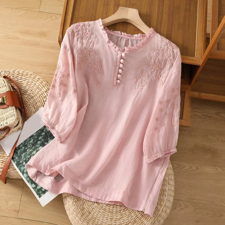 Ivy | Women's Bohemian Floral Embroidered Ruffle-Neck Puff-Sleeve Blouse