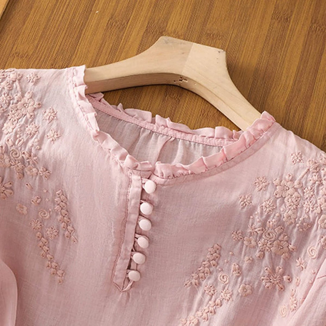 Ivy | Women's Bohemian Floral Embroidered Ruffle-Neck Puff-Sleeve Blouse