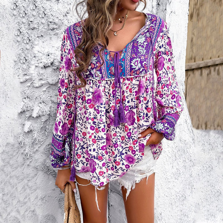 Ivy | Women's Boho Floral Long-Sleeve V-Neck Tassel Tunic Top