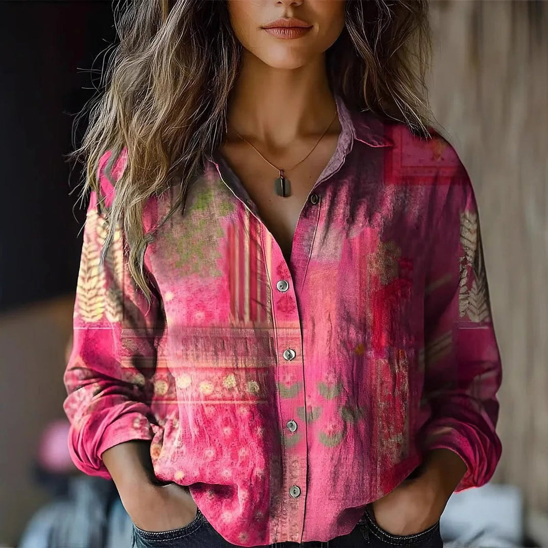 Olivia | Women's Boho Floral Print Long Sleeve Button-Up Blouse