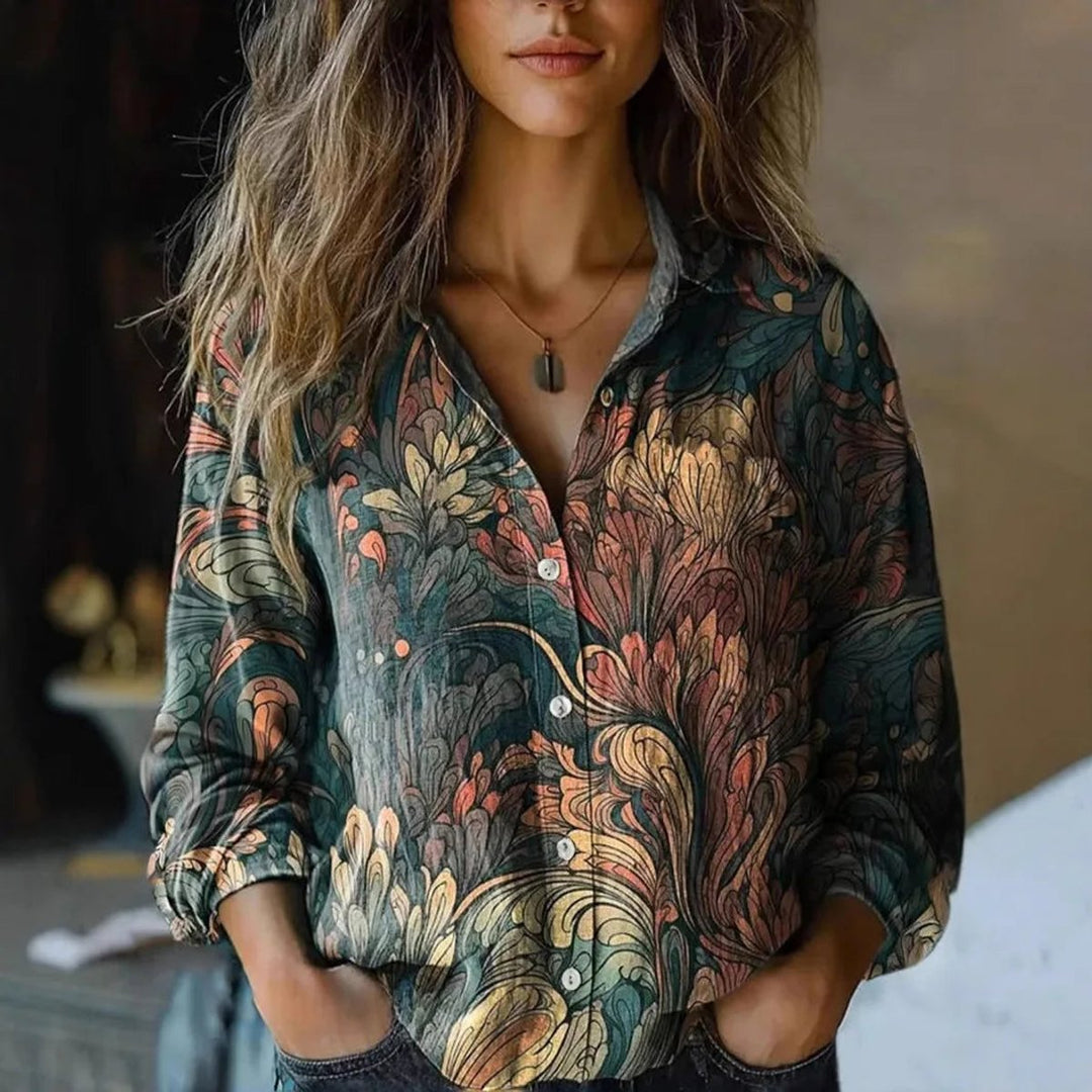 Olivia | Women's Boho Floral Print Long Sleeve Button-Up Blouse