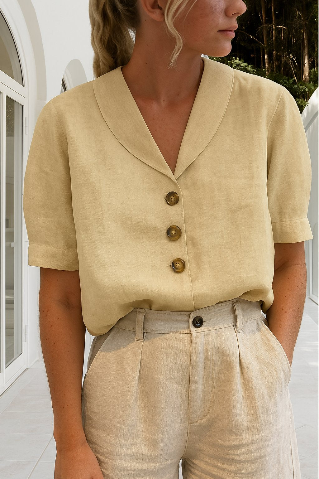 Ava | Women's Button-Up Blouse V-Neck Short Sleeve Classic