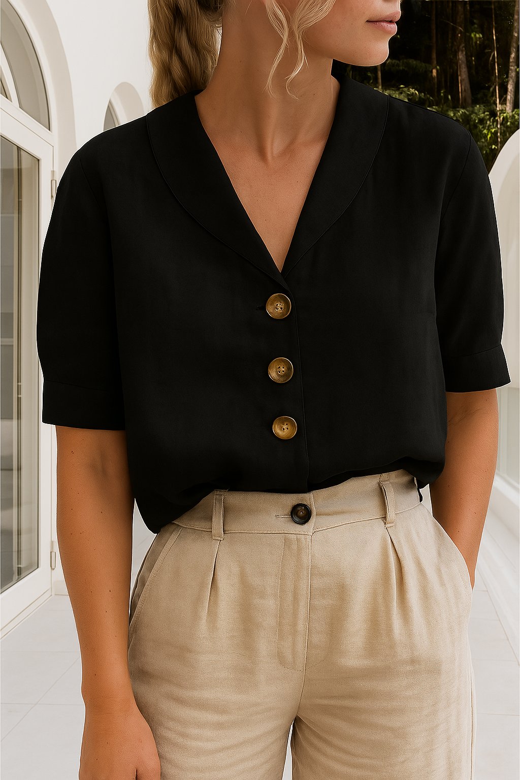Ava | Women's Button-Up Blouse V-Neck Short Sleeve Classic