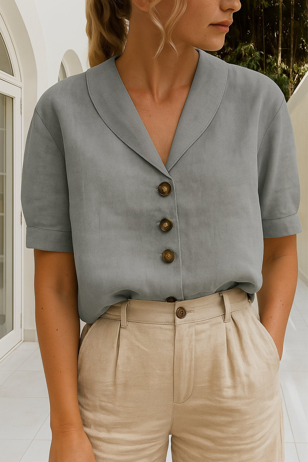 Ava | Women's Button-Up Blouse V-Neck Short Sleeve Classic