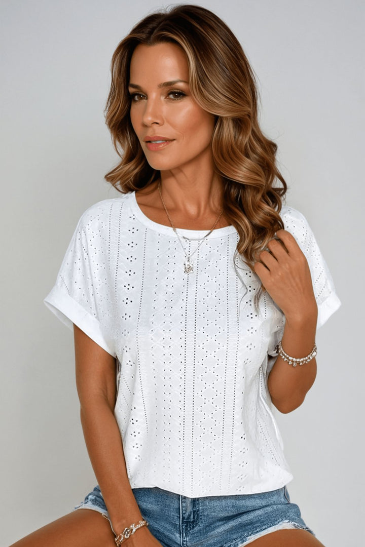 Ella | Women's Cotton Eyelet Top Short Sleeve Round Neck
