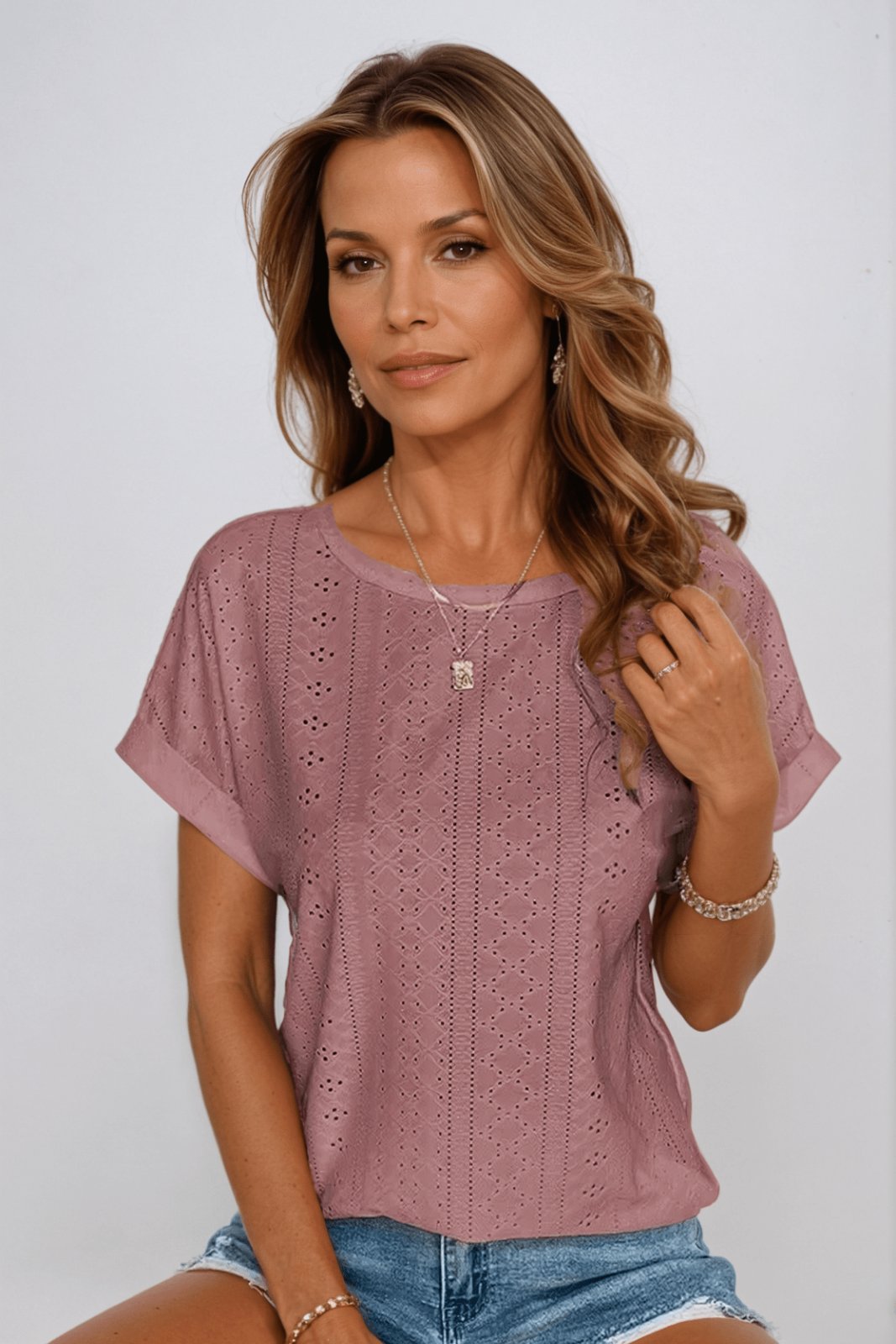 Ella | Women's Cotton Eyelet Top Short Sleeve Round Neck
