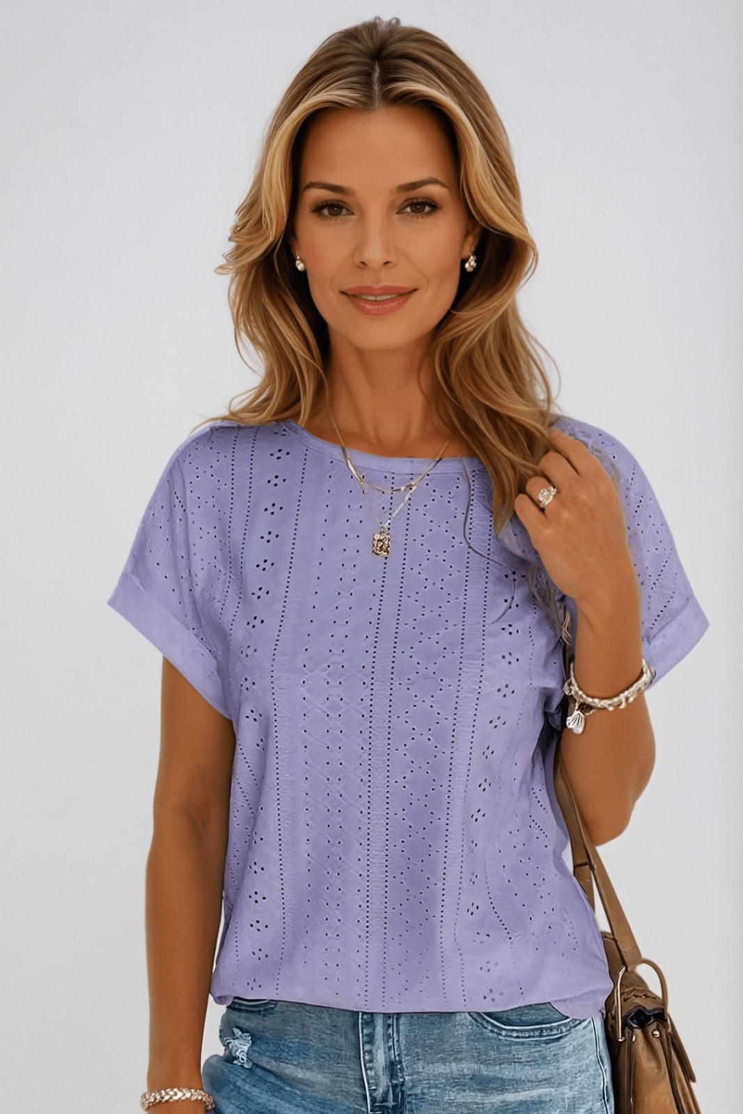 Ella | Women's Cotton Eyelet Top Short Sleeve Round Neck