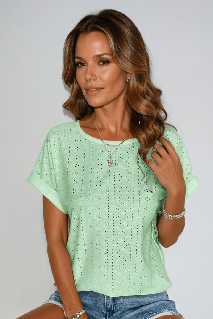 Ella | Women's Cotton Eyelet Top Short Sleeve Round Neck