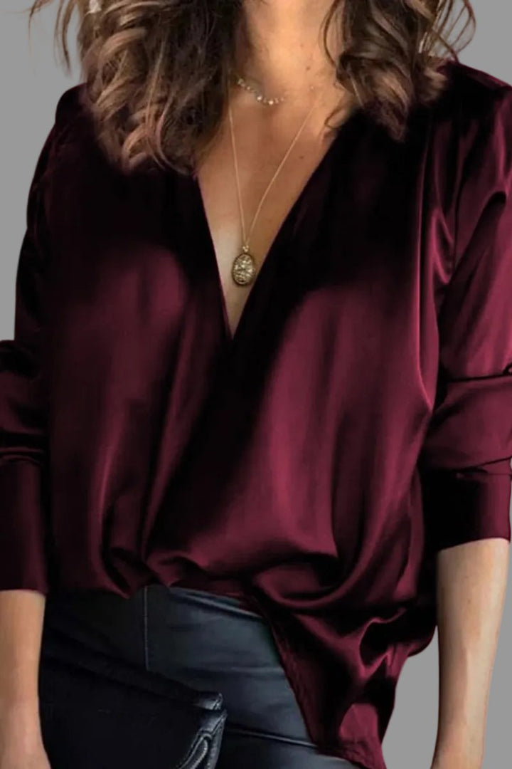 Amelia | Women's Deep V-Neck Long Sleeve Satin Blouse