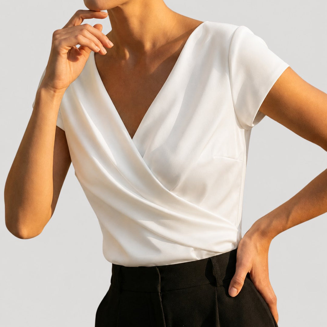 Amelia | Women's Draped Wrap V-Neck Cap Sleeve Blouse Top