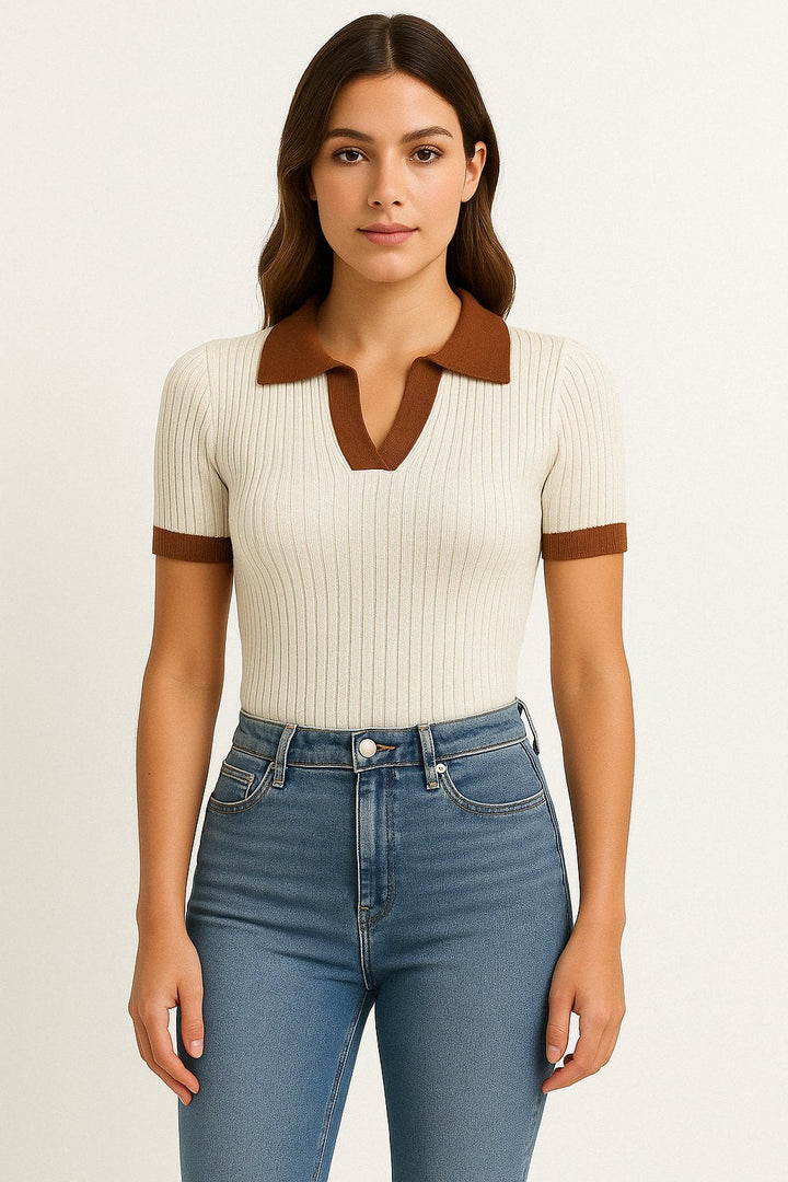Ava | Women's Fitted Ribbed Polo Shirt Short Sleeve