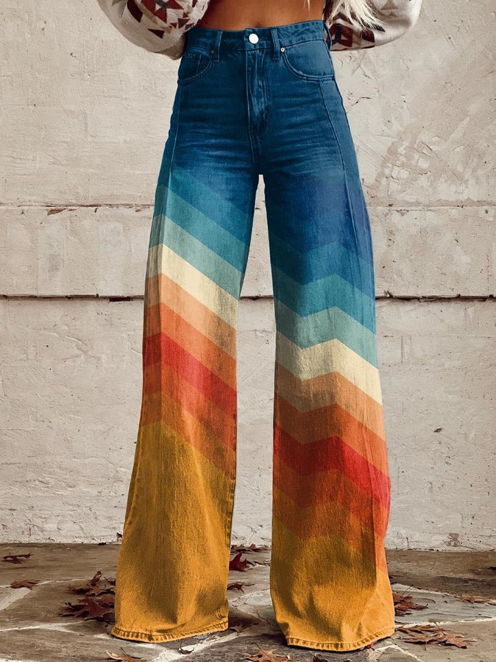 Mia | Women's High-Rise Wide-Leg Chevron Gradient Printed Trousers