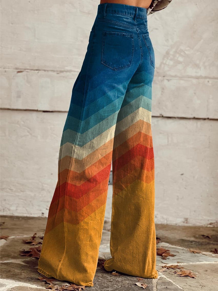 Mia | Women's High-Rise Wide-Leg Chevron Gradient Printed Trousers