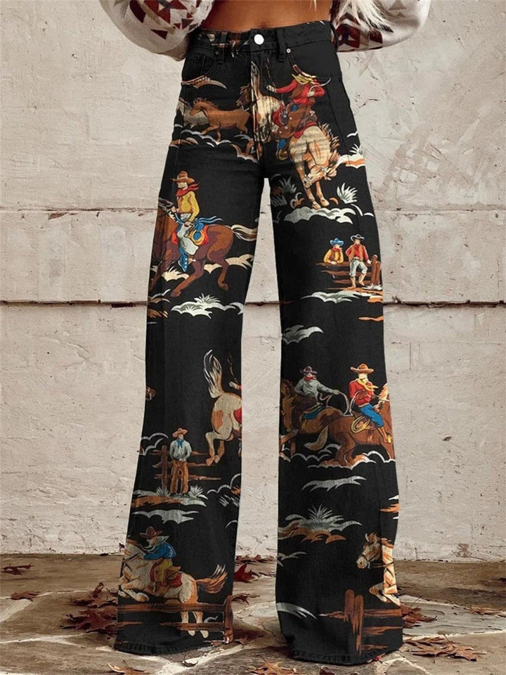 Sienna | Women's High-Waist Western Print Wide-Leg Denim Trousers