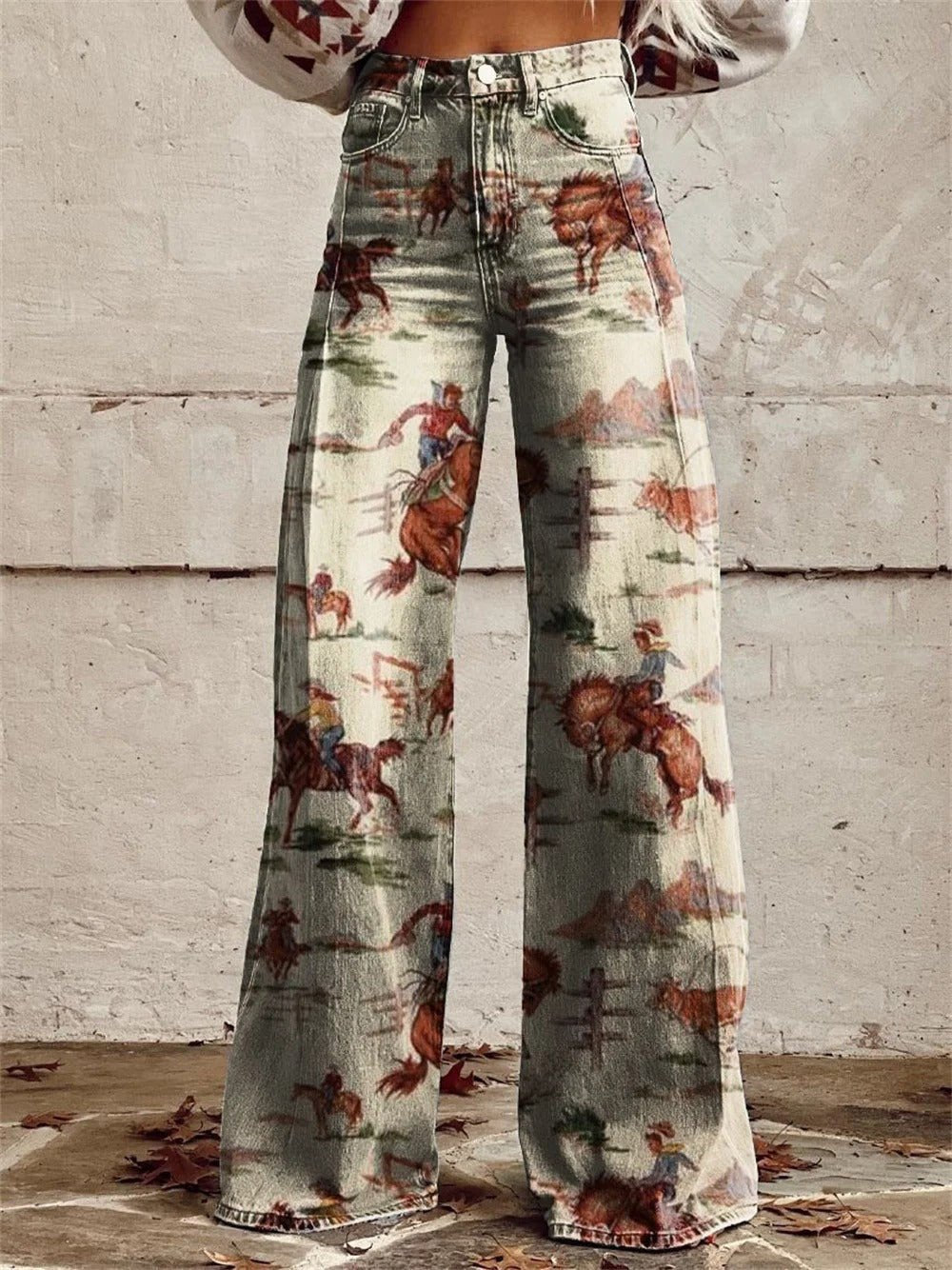 Sienna | Women's High-Waist Western Print Wide-Leg Denim Trousers