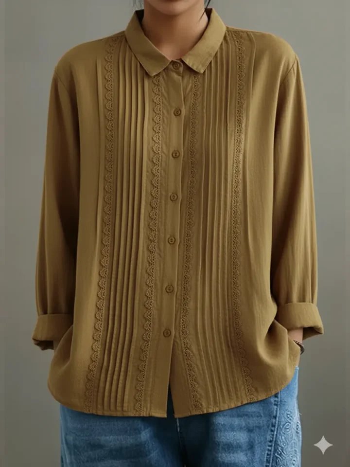 Sienna | Women's Lace Trim Pleated Front Button-Up Long Sleeve Blouse