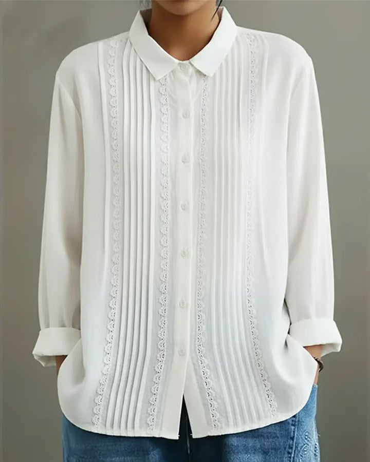 Sienna | Women's Lace Trim Pleated Front Button-Up Long Sleeve Blouse