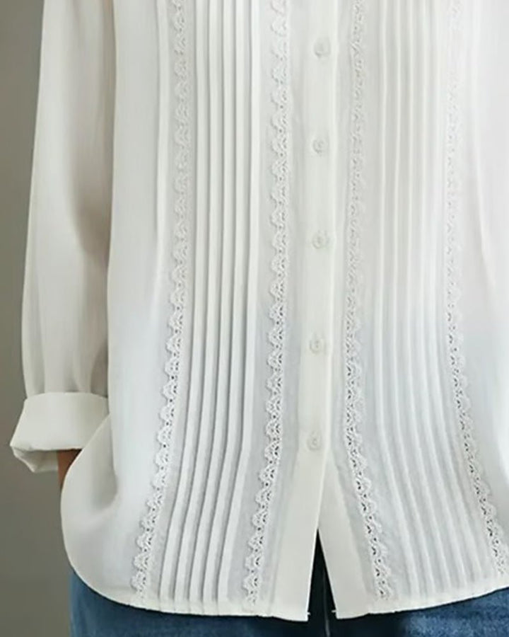 Sienna | Women's Lace Trim Pleated Front Button-Up Long Sleeve Blouse