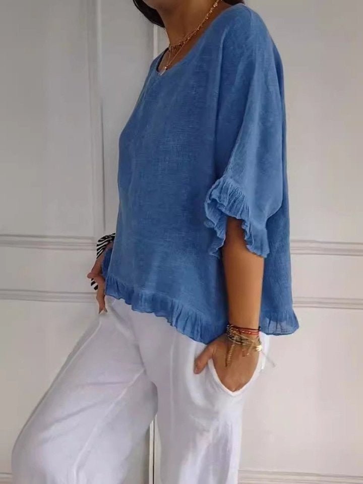 Ivy | Women's Lightweight Frayed-Edge Three-Quarter Sleeve Blouse