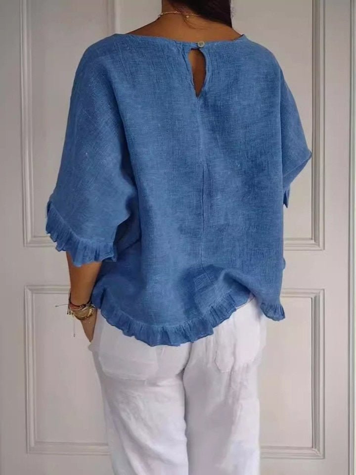 Ivy | Women's Lightweight Frayed-Edge Three-Quarter Sleeve Blouse