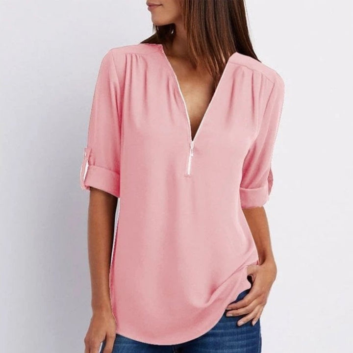 Emily | Women's Lightweight Zip-Front V-Neck Roll-Sleeve Blouse