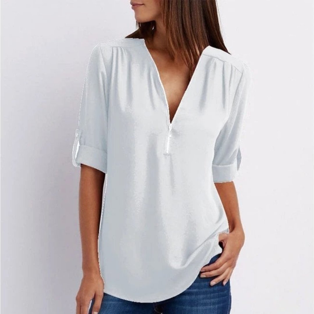 Emily | Women's Lightweight Zip-Front V-Neck Roll-Sleeve Blouse