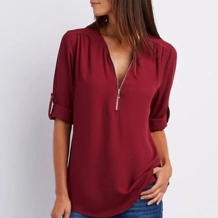 Emily | Women's Lightweight Zip-Front V-Neck Roll-Sleeve Blouse