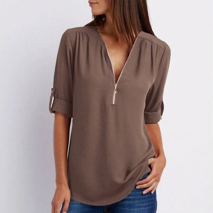 Emily | Women's Lightweight Zip-Front V-Neck Roll-Sleeve Blouse